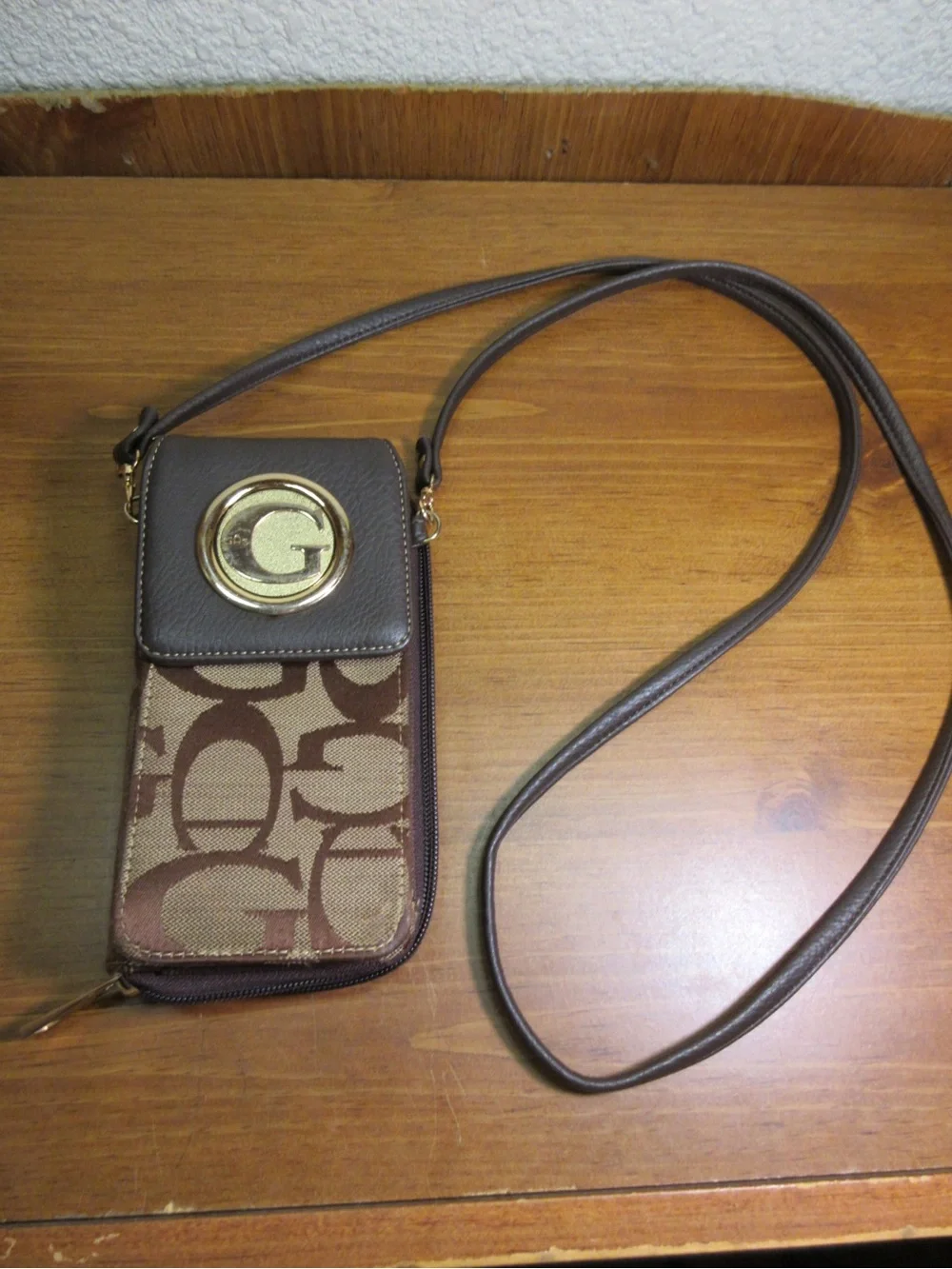 Brown Crossbody Phone Wallet with Gold Accent